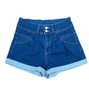 Hilltichu Blue Stretch High Rise Cuffed Pleated Denim Jean Shorts